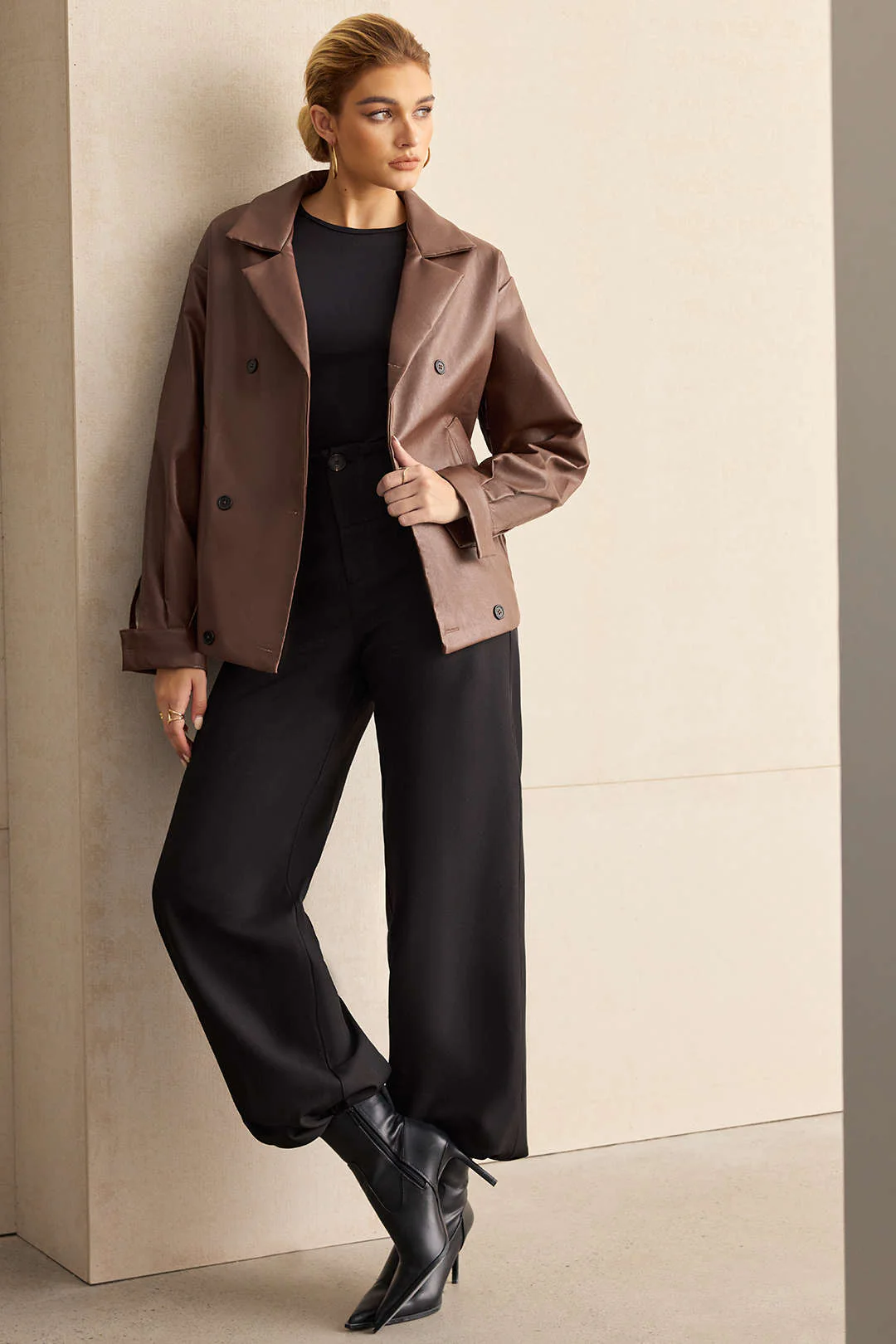 Faux Leather Notched Lapel Blazer - Flockneti