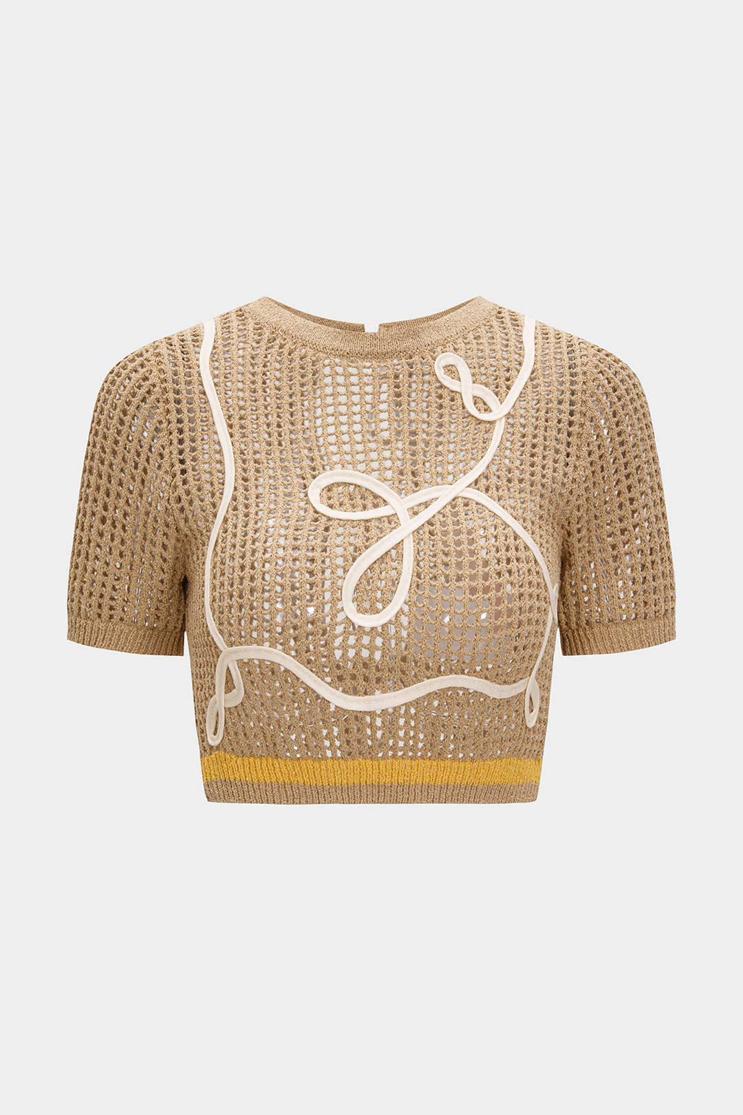 Knit 3D Embroidery Print Contrast Tie Back Short-Sleeve Top - Flockneti