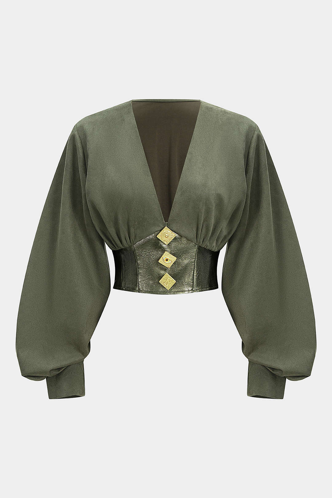 Faux Leather Suede Patchwork V-Neck Metallic Decor Long-Sleeve Top - Flockneti