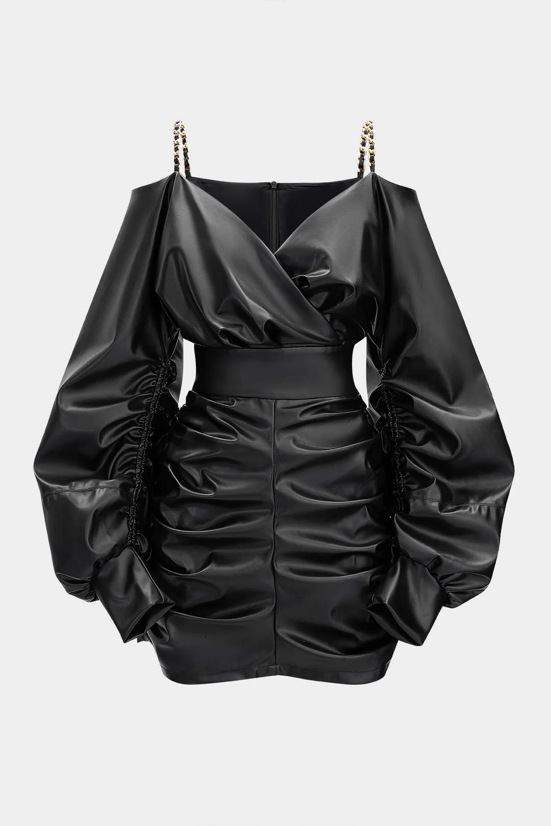 Faux Leather Metallic Chain Crossed Ruched Long Sleeve Mini Dress - Flockneti