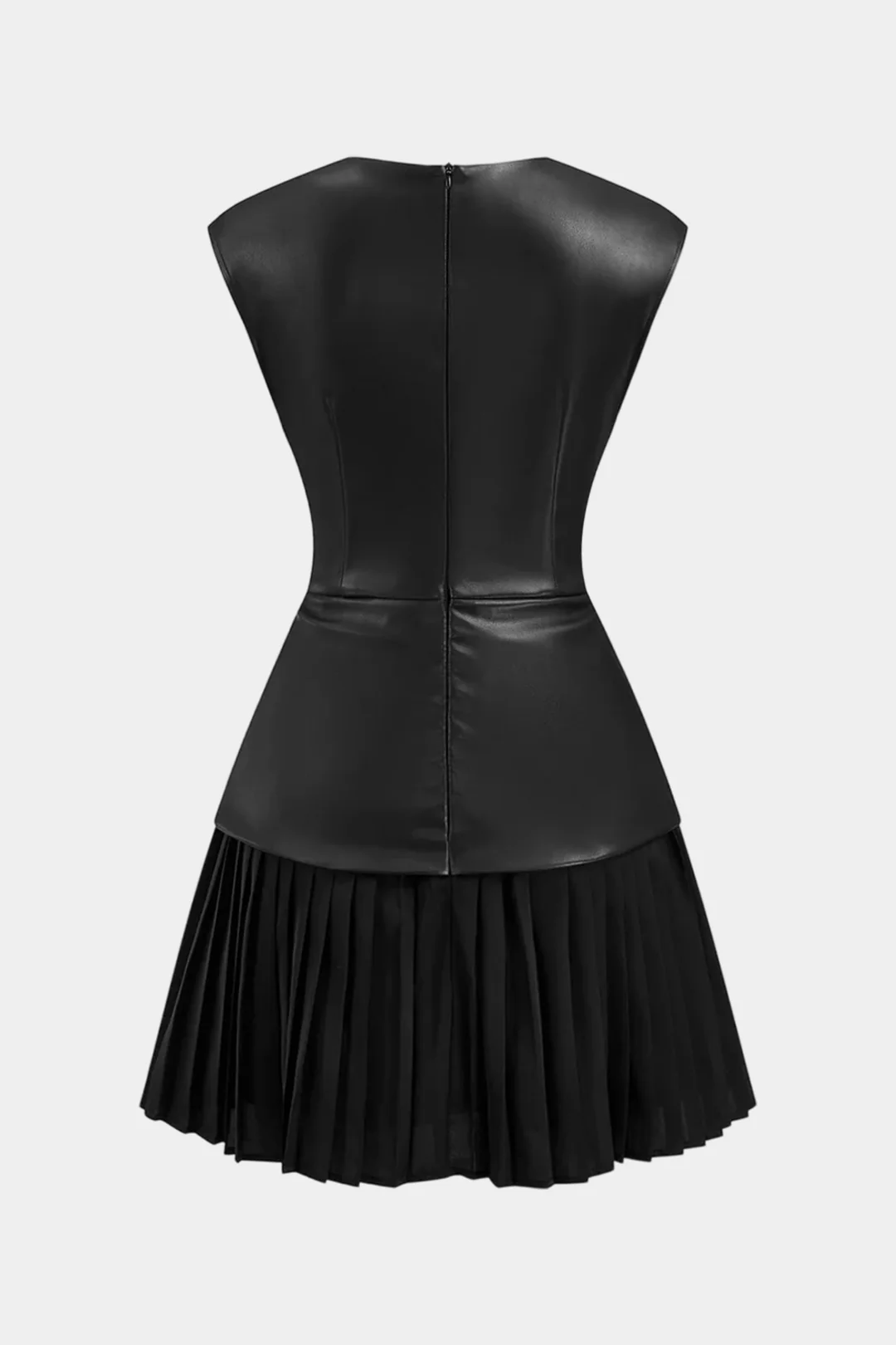 Faux Leather Patchwork Pleated Short Sleeve Mini Dress - Flockneti