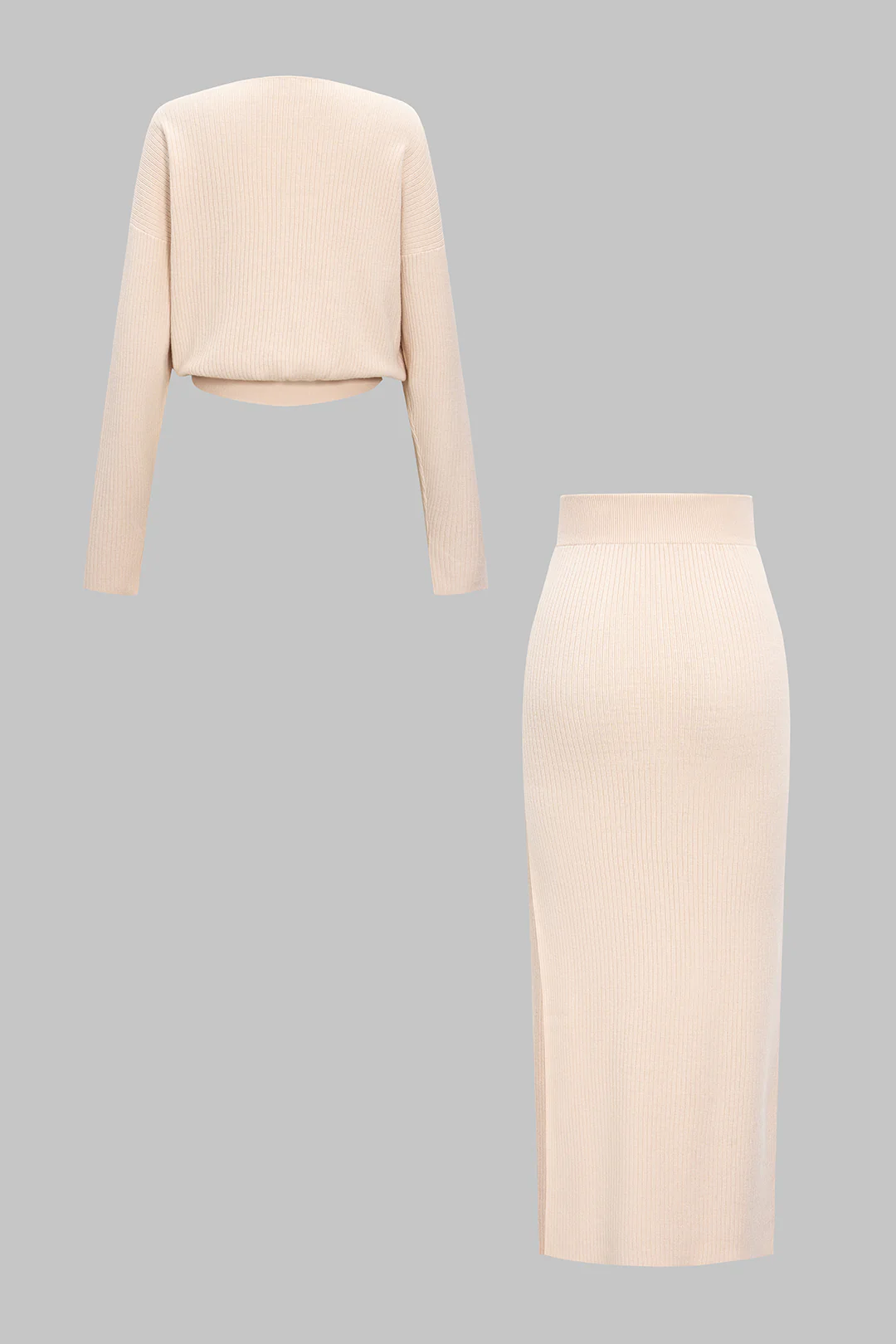 Knit Cross V-Neck Long Sleeve Top And Skirt Set - Flockneti