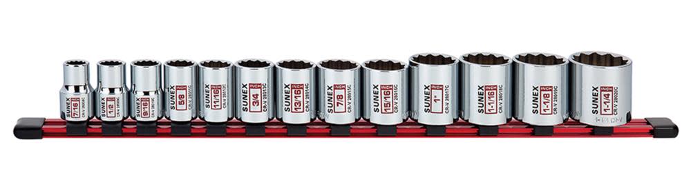 Sunex 1/2 In. Dr 12 Pt Standard SAE Socket Rail 13 Pc Set - Flockneti