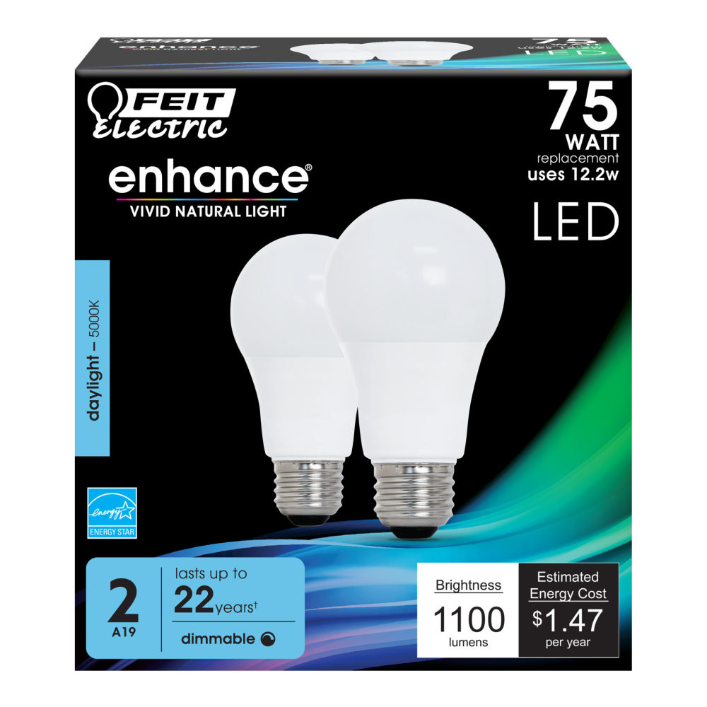 Feit Electric 75W Enhance A19 5000K Dimmable LED Bulb 2pk - Flockneti