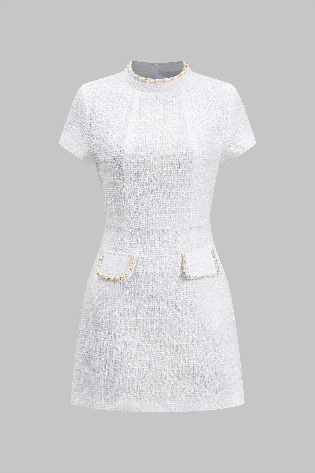 Bead Fake Pocket Zippper Short Sleeve Mini Dress - Flockneti