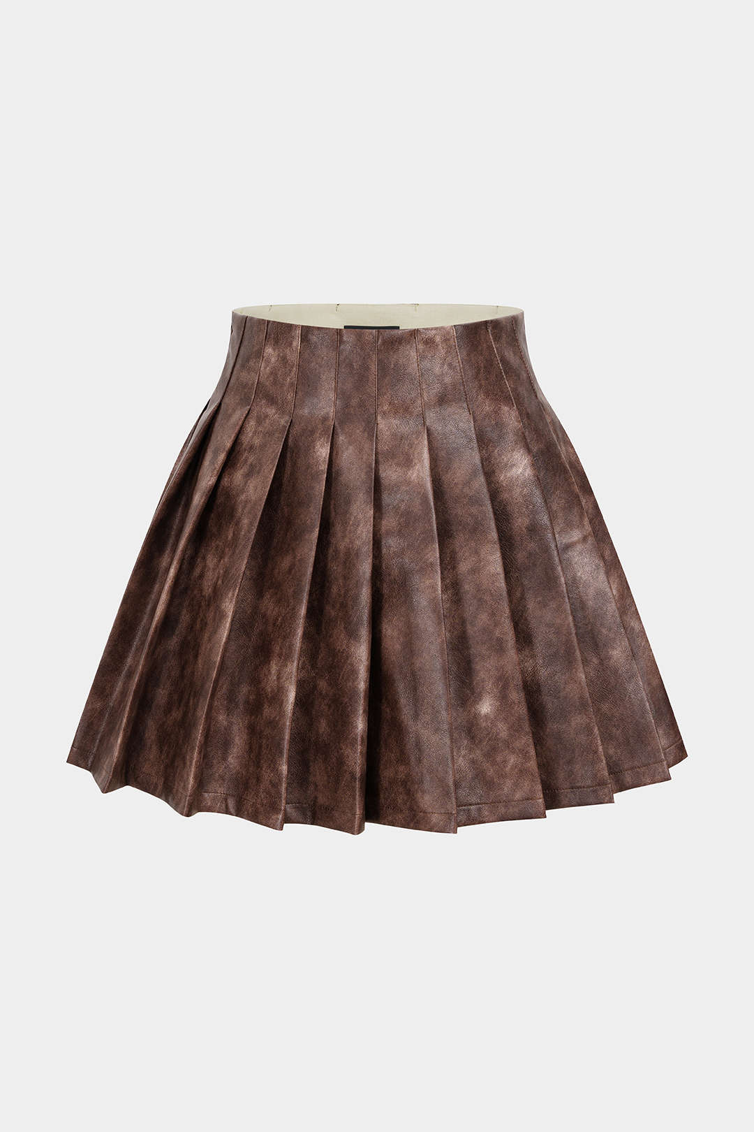 Washed Faux Leather Pleated Zipper Mini Skirt - Flockneti