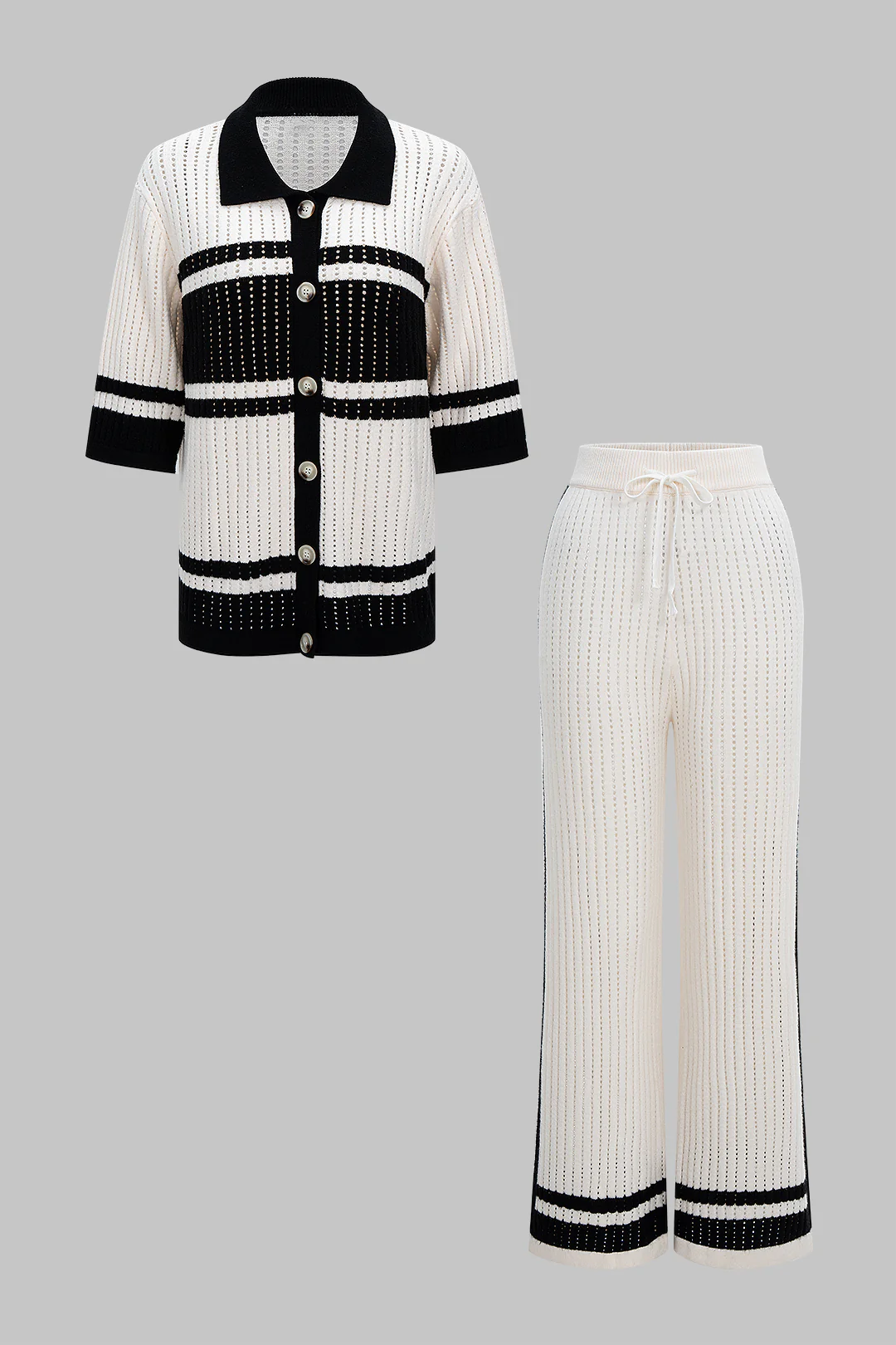 Knit Contrast Hollow Out Lapel Top And Drawstring Wide Leg Pants Set - Flockneti