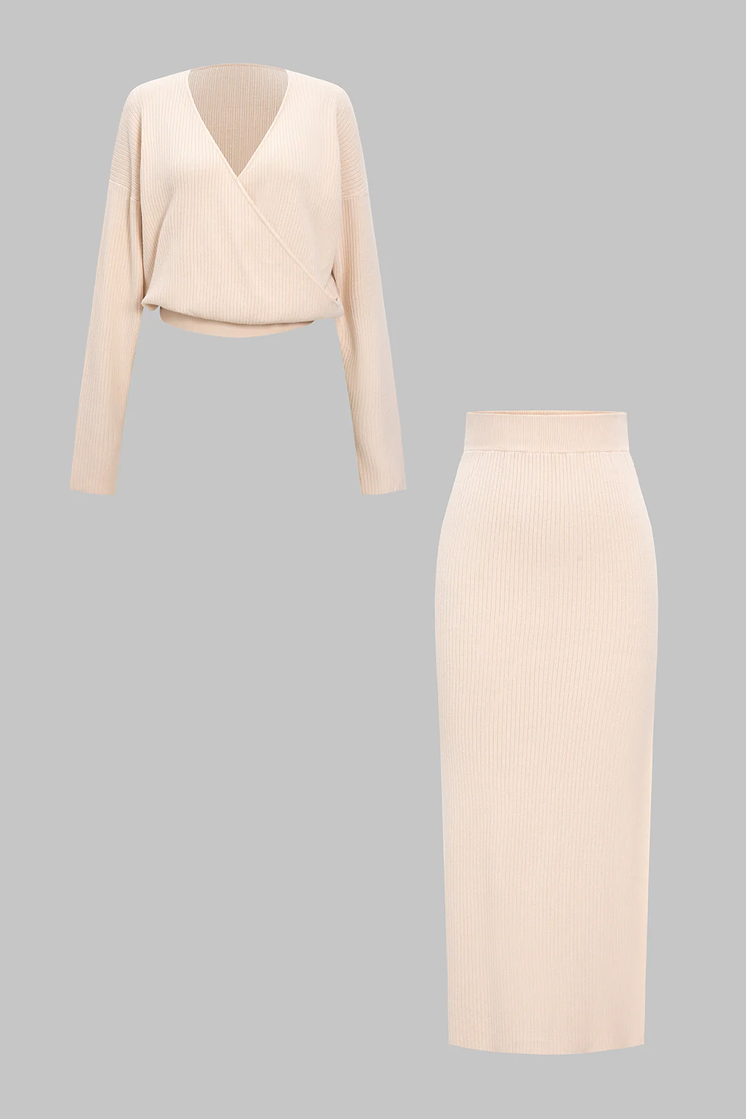 Knit Cross V-Neck Long Sleeve Top And Skirt Set - Flockneti