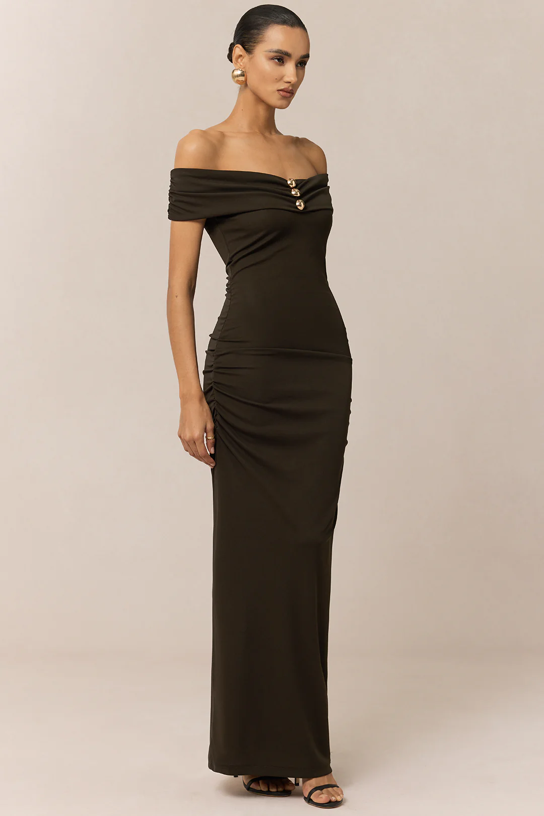 Off Shoulder Metallic Button Maxi Dress - Flockneti