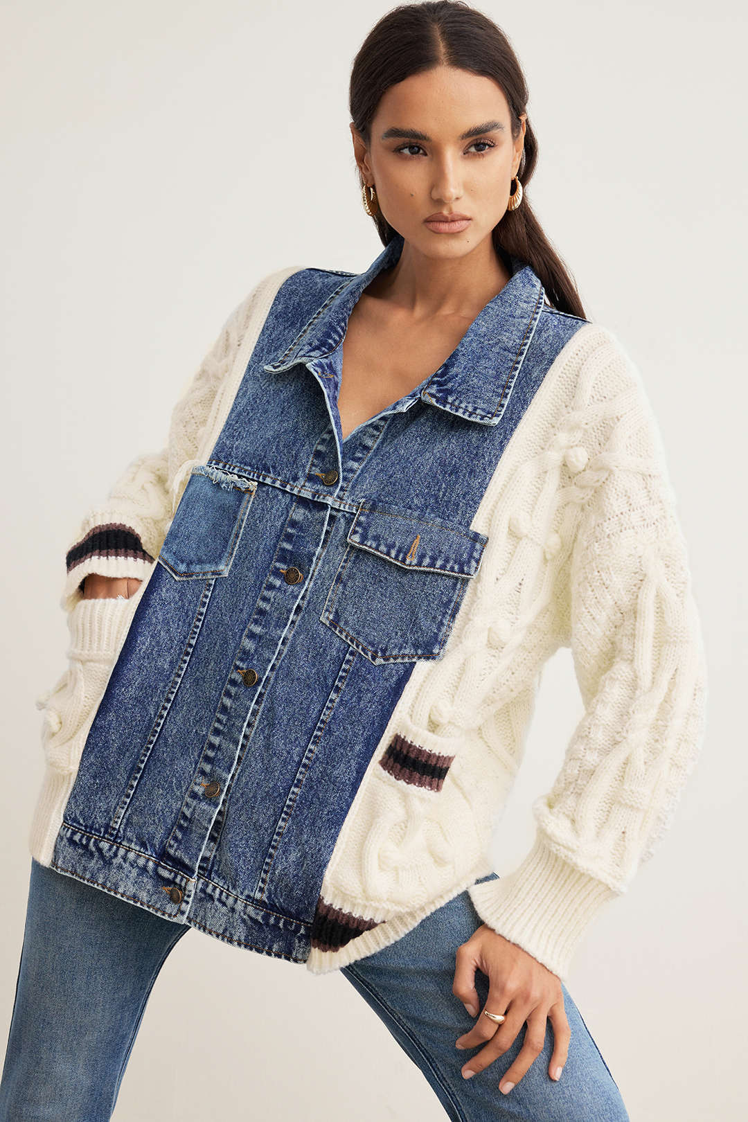 Knit Denim Patchwork Sweater Cardigan - Flockneti