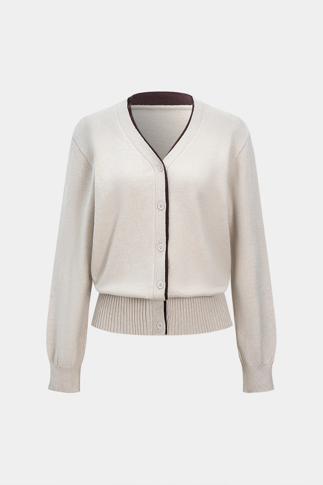 Knit Contrast Button V-Neck Long-Sleeve Top - Flockneti