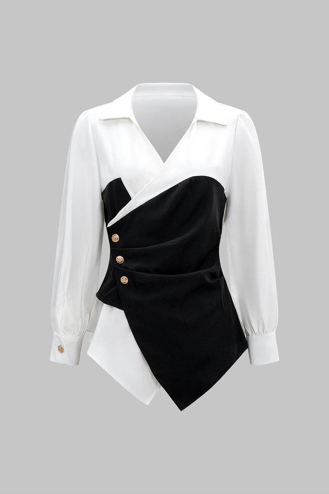 Metallic Decor Contrast Pleated V-Neck Long-Sleeve Shirt - Flockneti