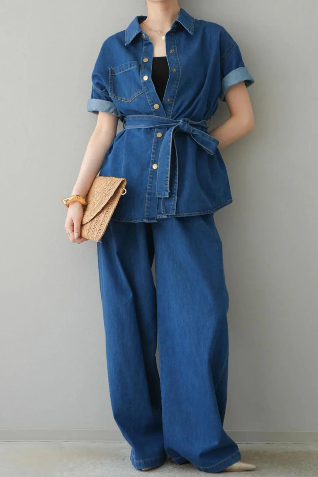 Denim Button Tie Shirt And Jeans Set - Flockneti