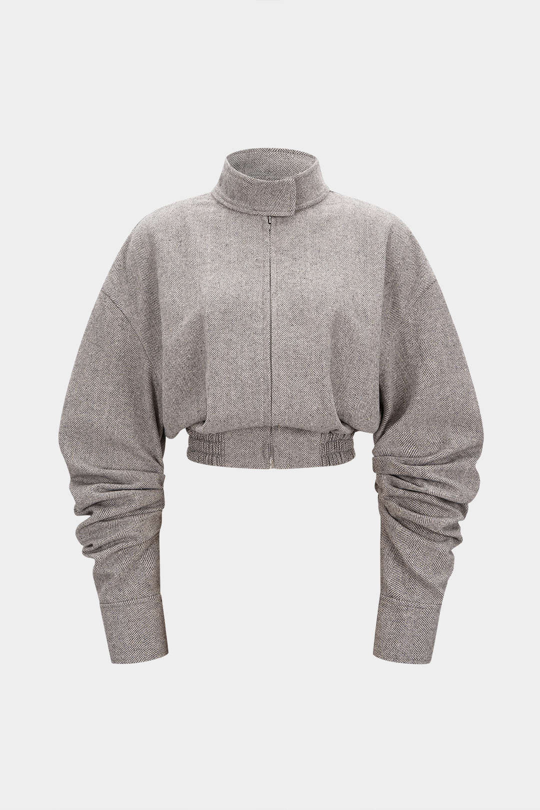 High Neck Ruched Shirred Zipper Cropped Jacket - Flockneti