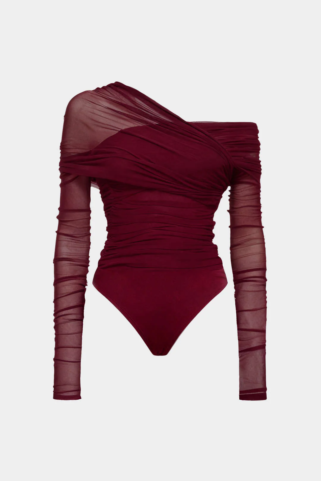 Mesh Ruched One Shoulder Asymmetrical Corssed Ruched Bodysuit - Flockneti