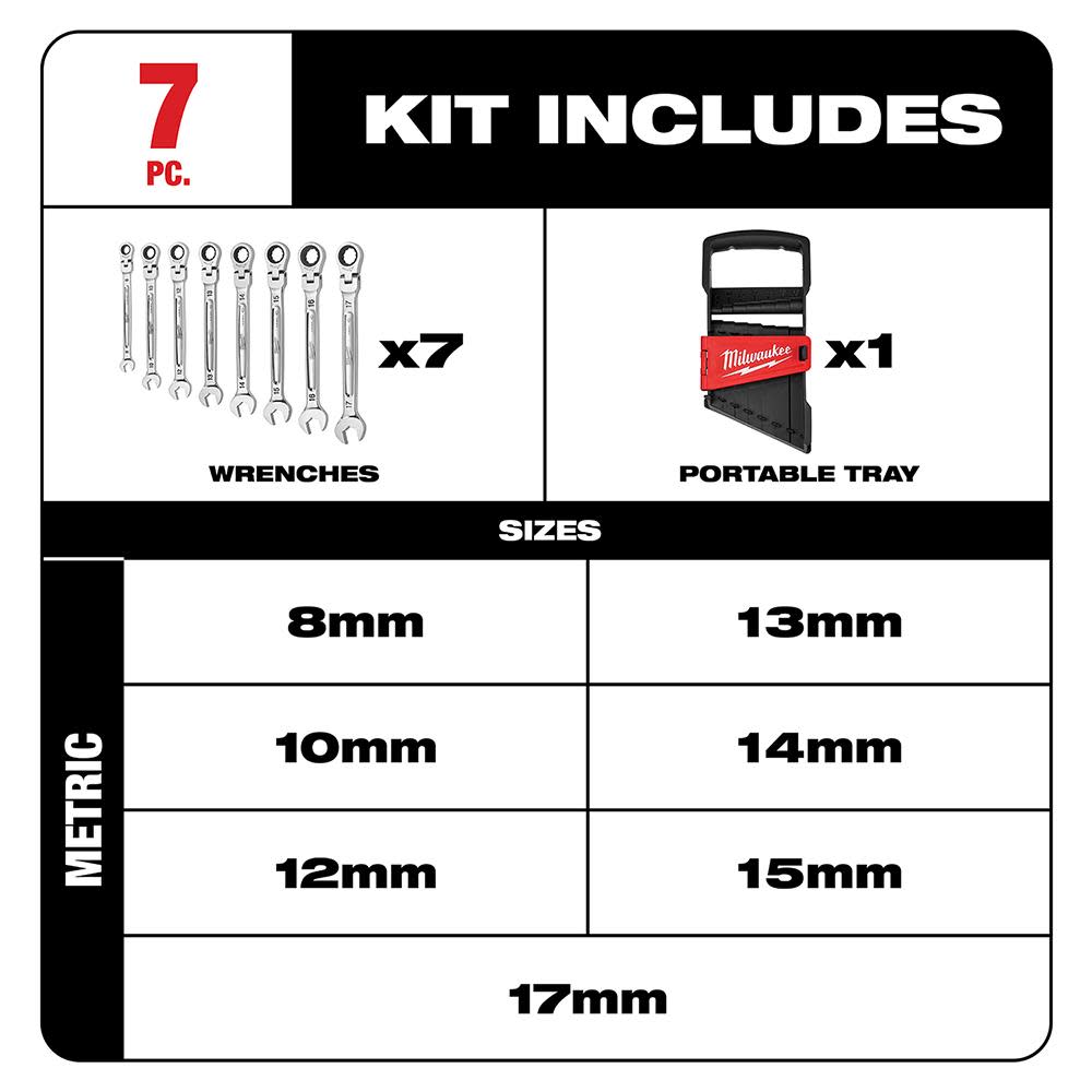Milwaukee Combination Wrench Metric Flex Head Ratcheting Set 7pc - Flockneti