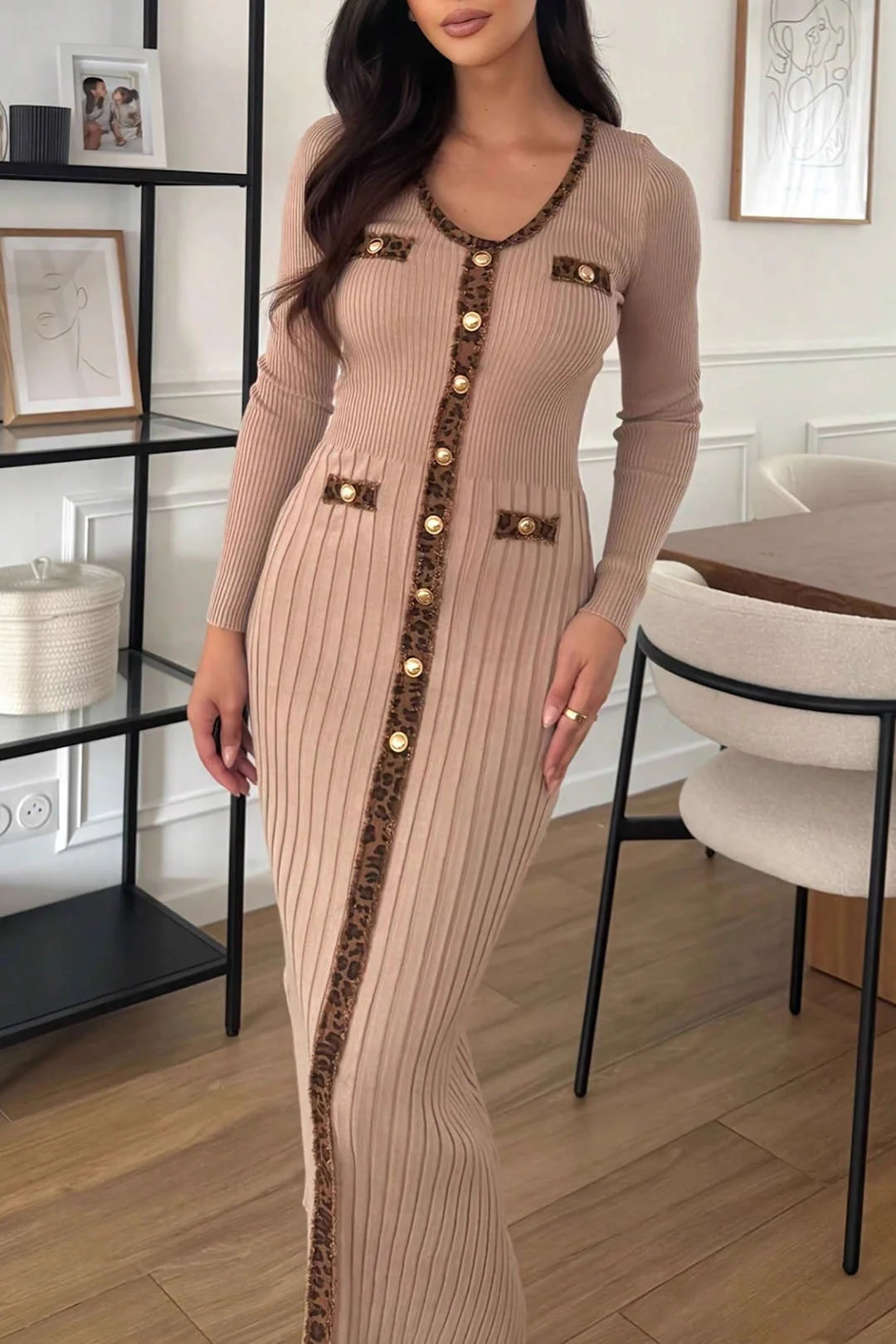 Knit Contrast Leopard Print Long Sleeve Dress - Flockneti
