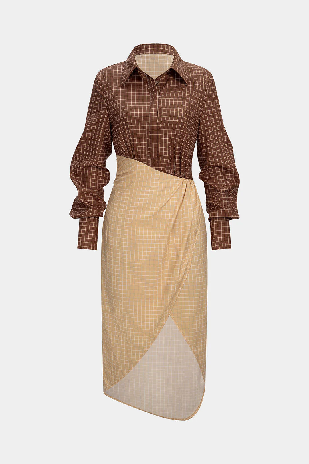 Plaid Print Contrast Asymmetrical Ruched Long Sleeve Midi Dress - Flockneti