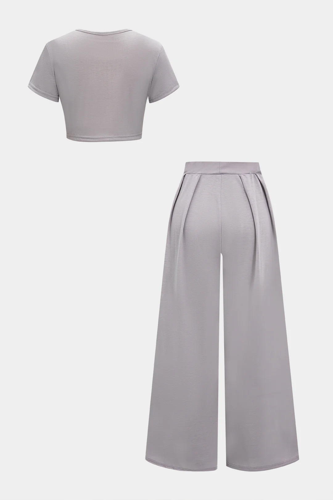 Solid Round Neck Cropped Top And Wide Leg Pants Set - Flockneti