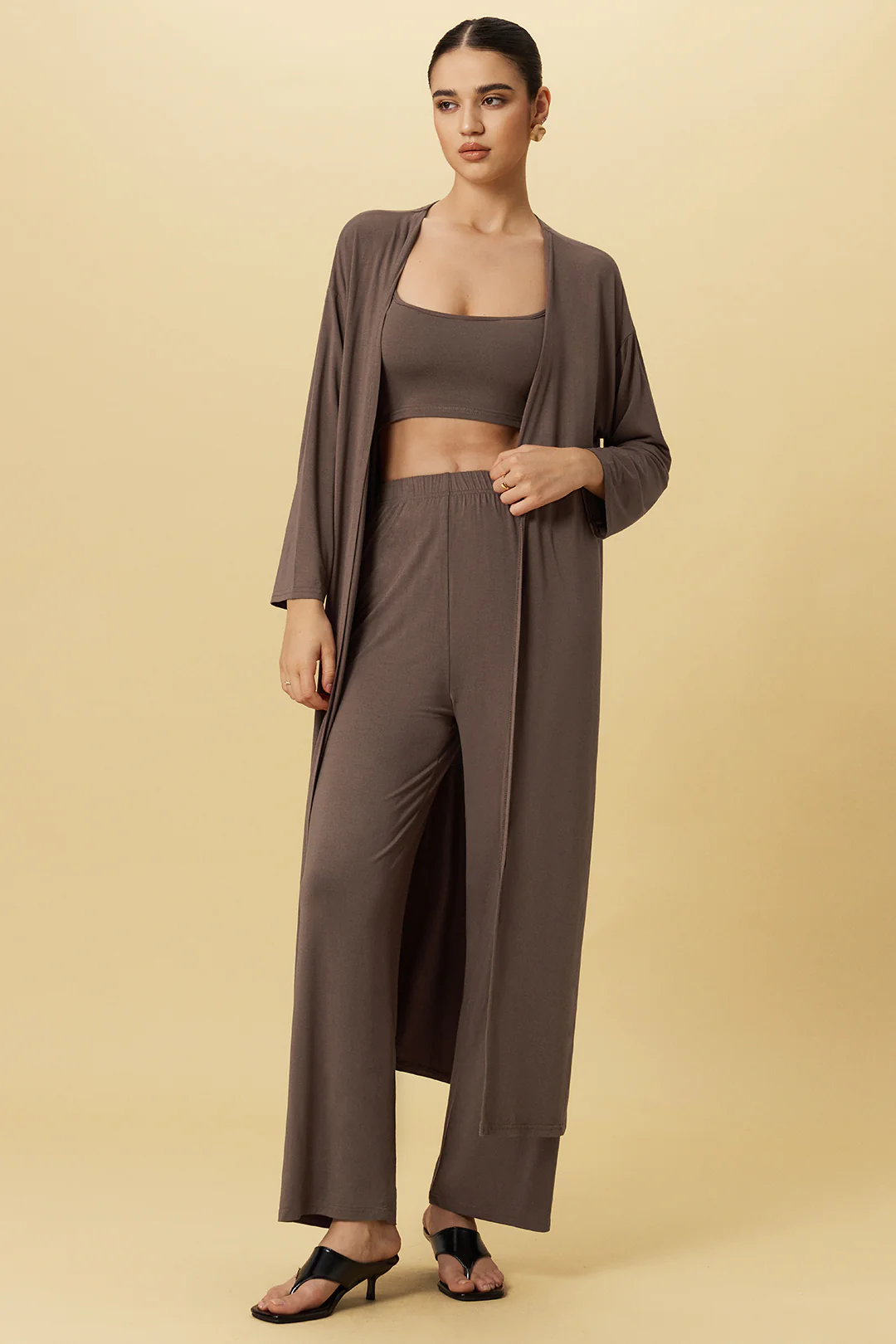 Basic Solid Cami Top And Long-Sleeve Cardigan And Trousers Set - Flockneti
