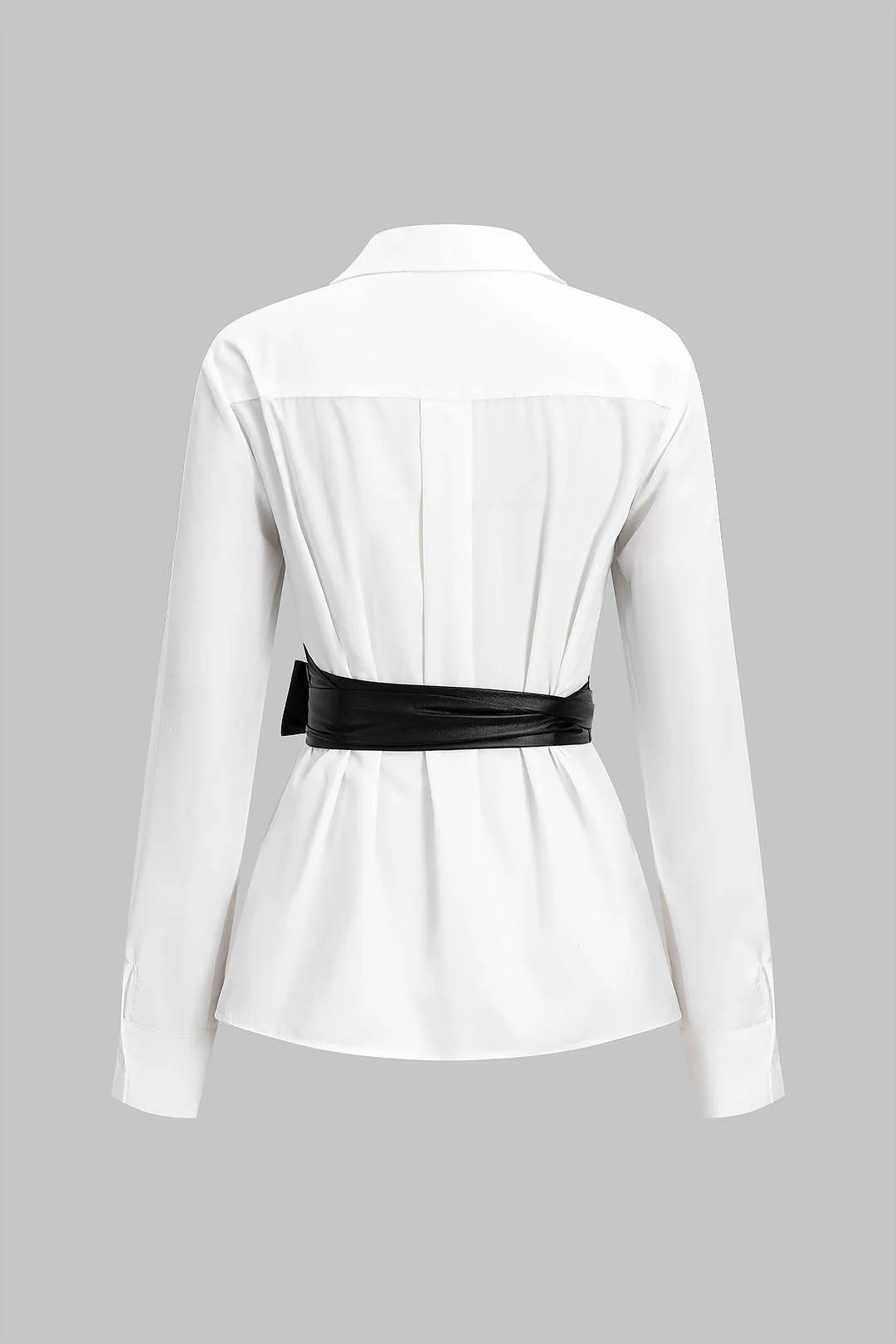 Faux Leather Patchwork Tie-Back Long-Sleeve Shirt - Flockneti