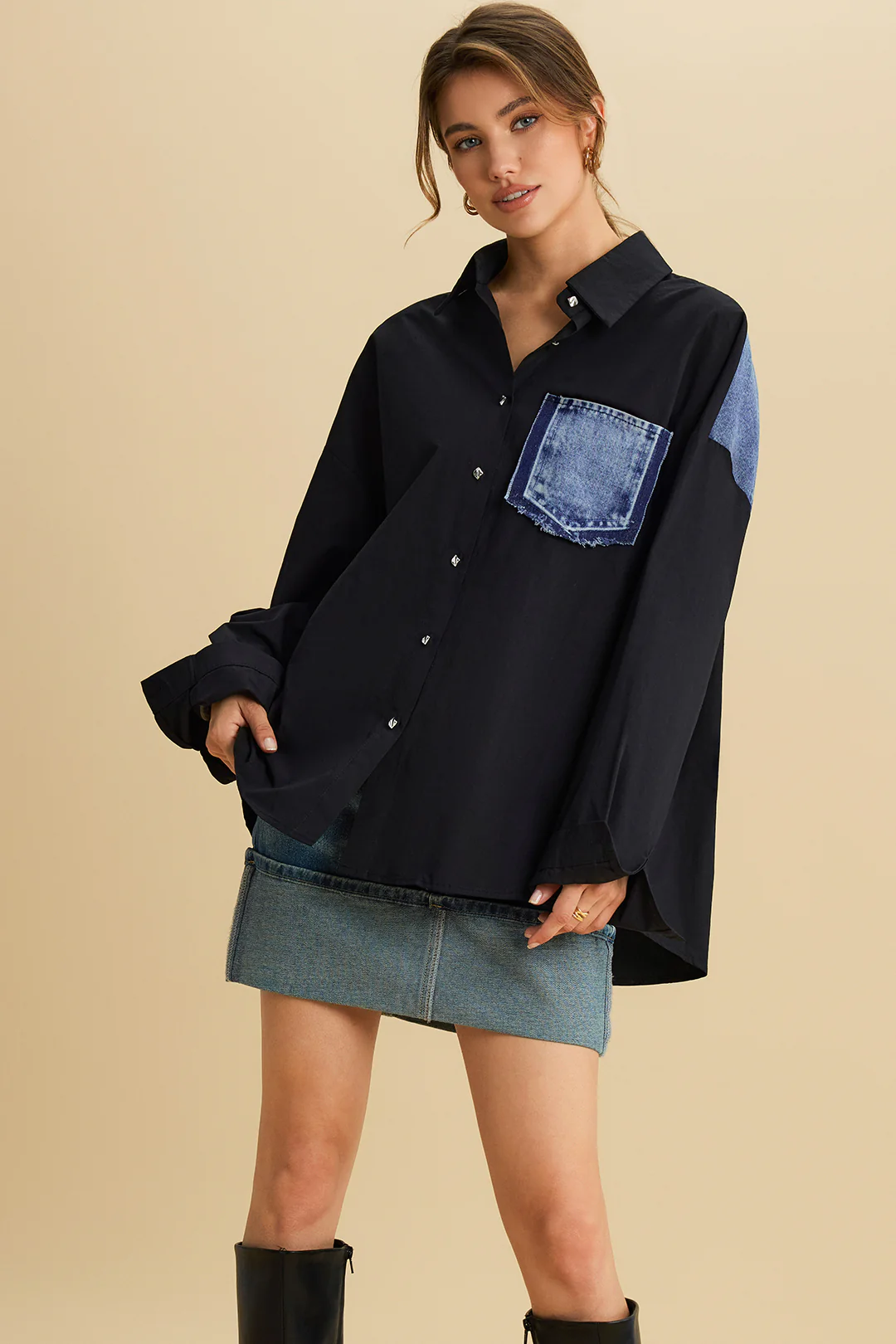 Patchwork Denim Long Sleeve Shirt - Flockneti