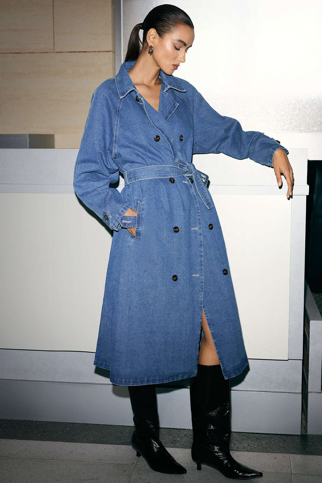 Denim Double-Breasted Belted Mid-Long Outerwear - Flockneti