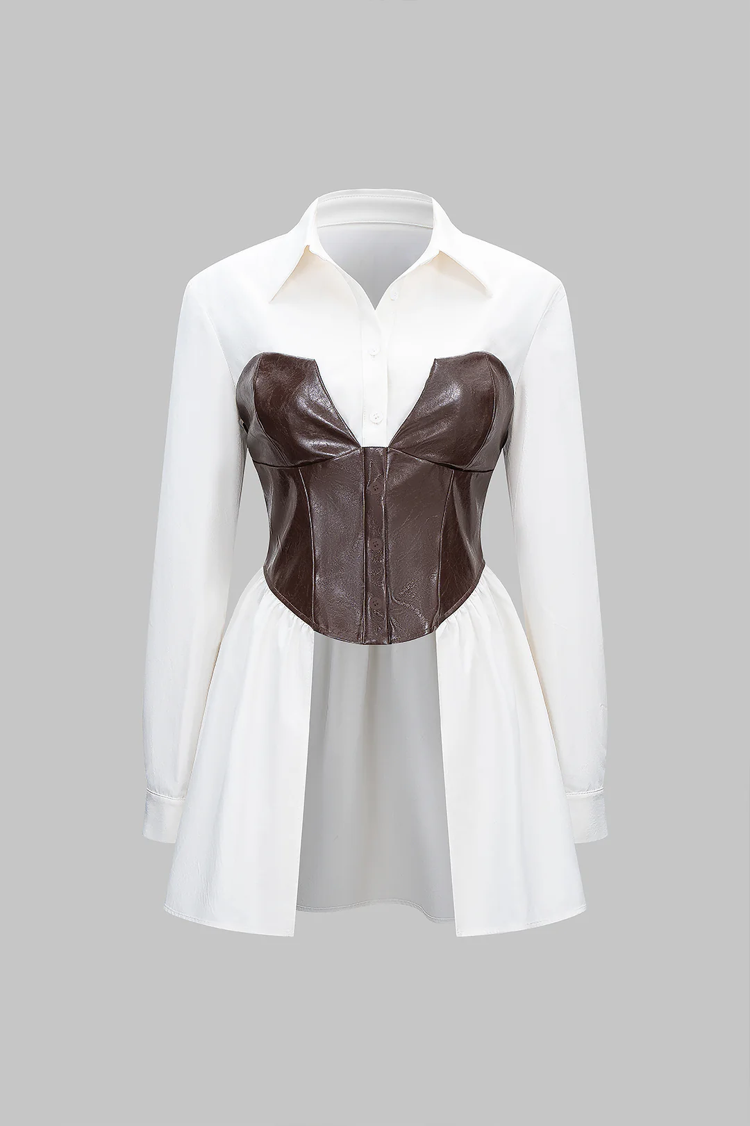 Faux Leather Patchwork Ruched Long-Sleeve Shirt - Flockneti