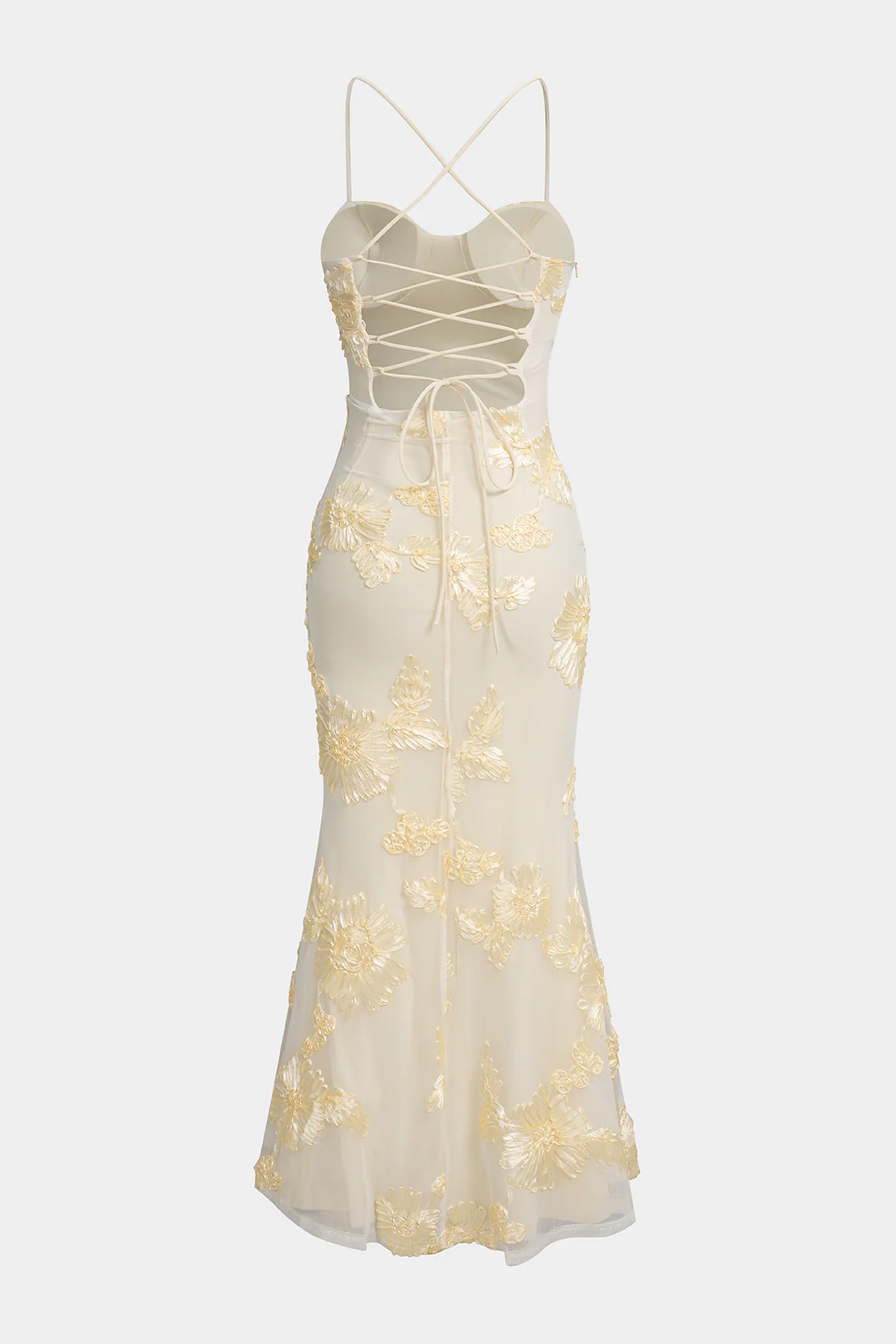 Floral Embroidery Mesh Patchwork Bustier Crossed Tie-Up Backless Sleeveless Maxi Dress - Flockneti
