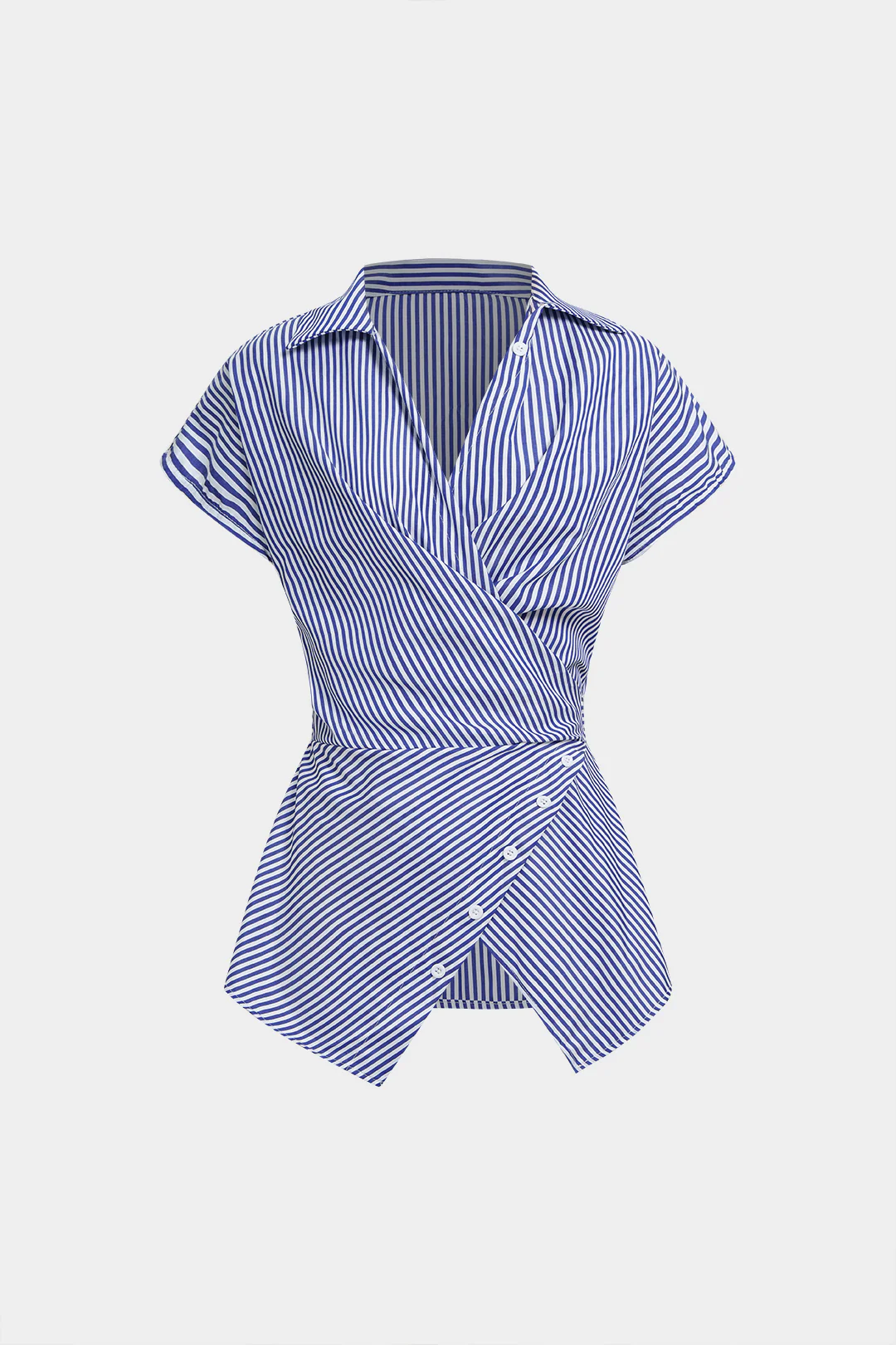 Striped V-Neck Asymmetrical Tie Back Short-Sleeve Shirt - Flockneti