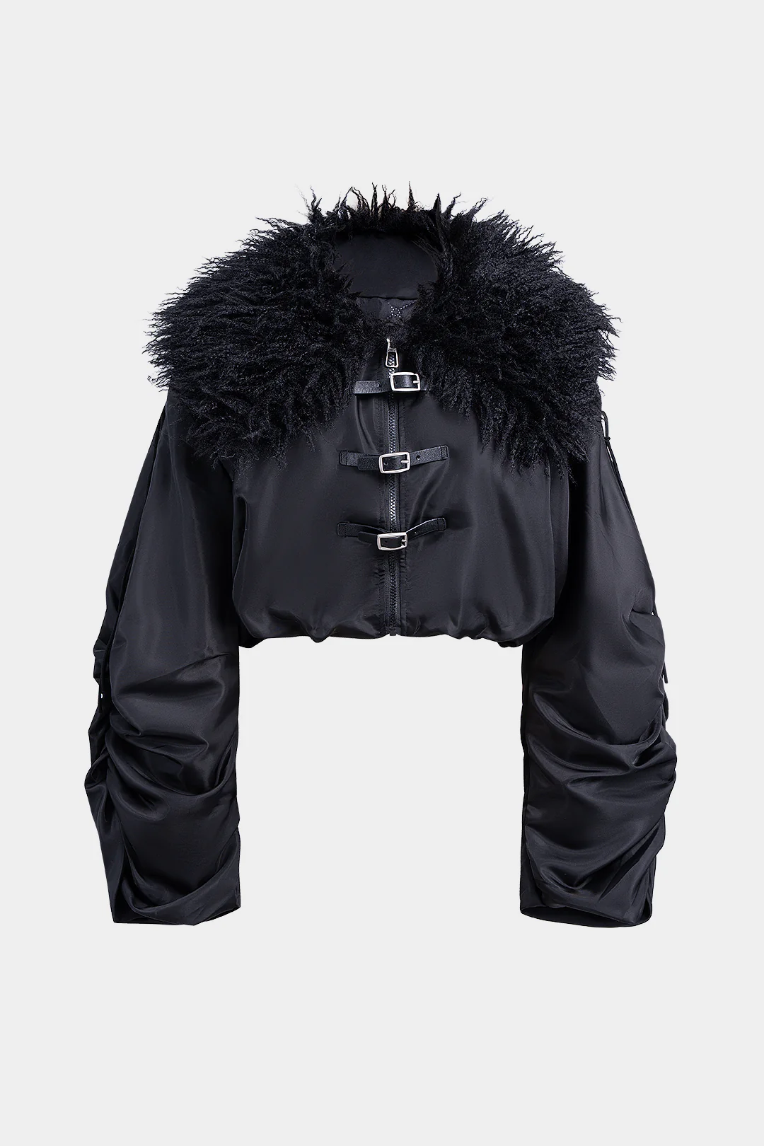 Basic Lamb Wool Collar Drawstring Belt Buckle -Padded Puffer - Flockneti
