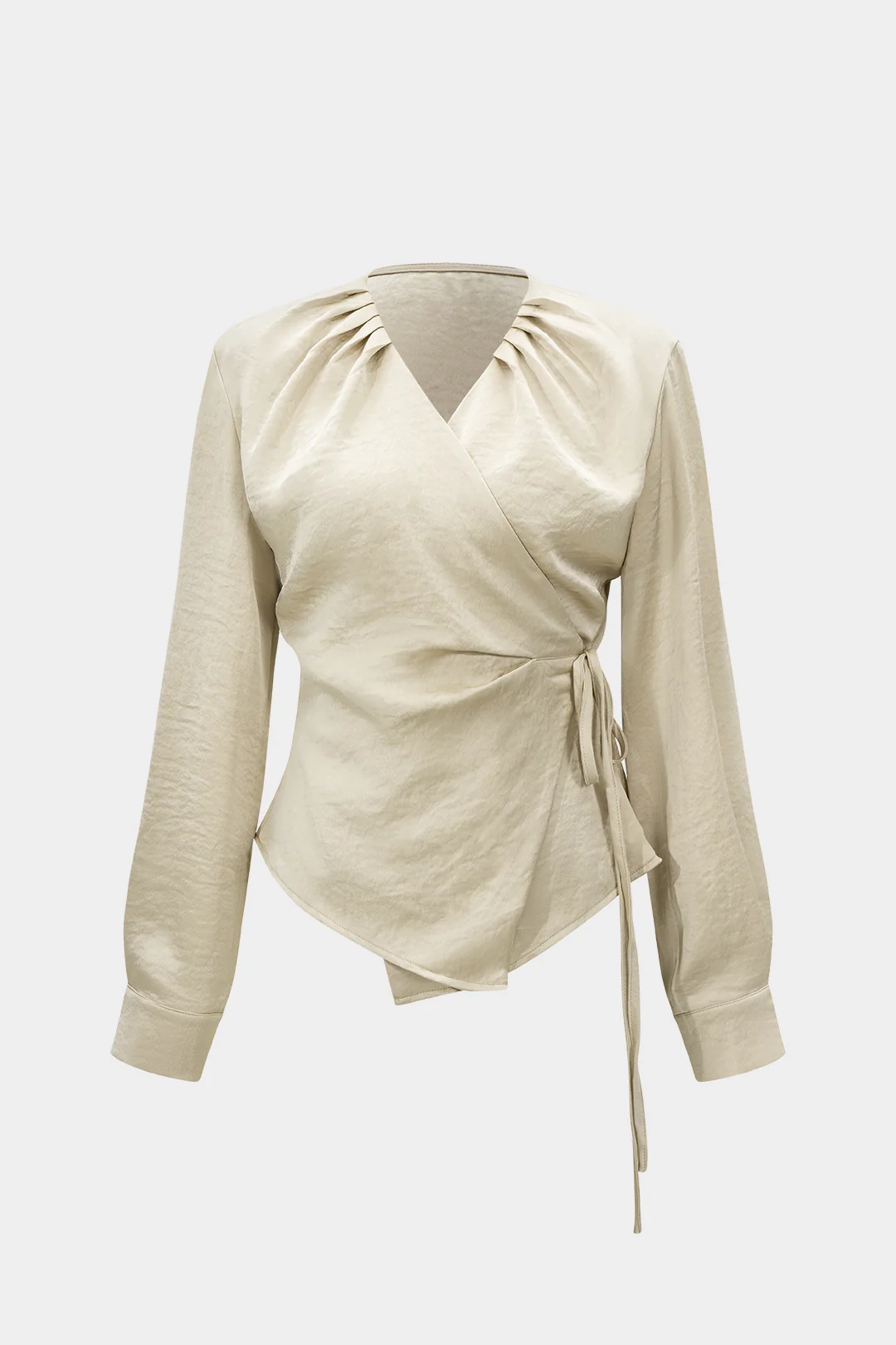 Satin Tie-Up Ruched Long-Sleeve Shirt - Flockneti