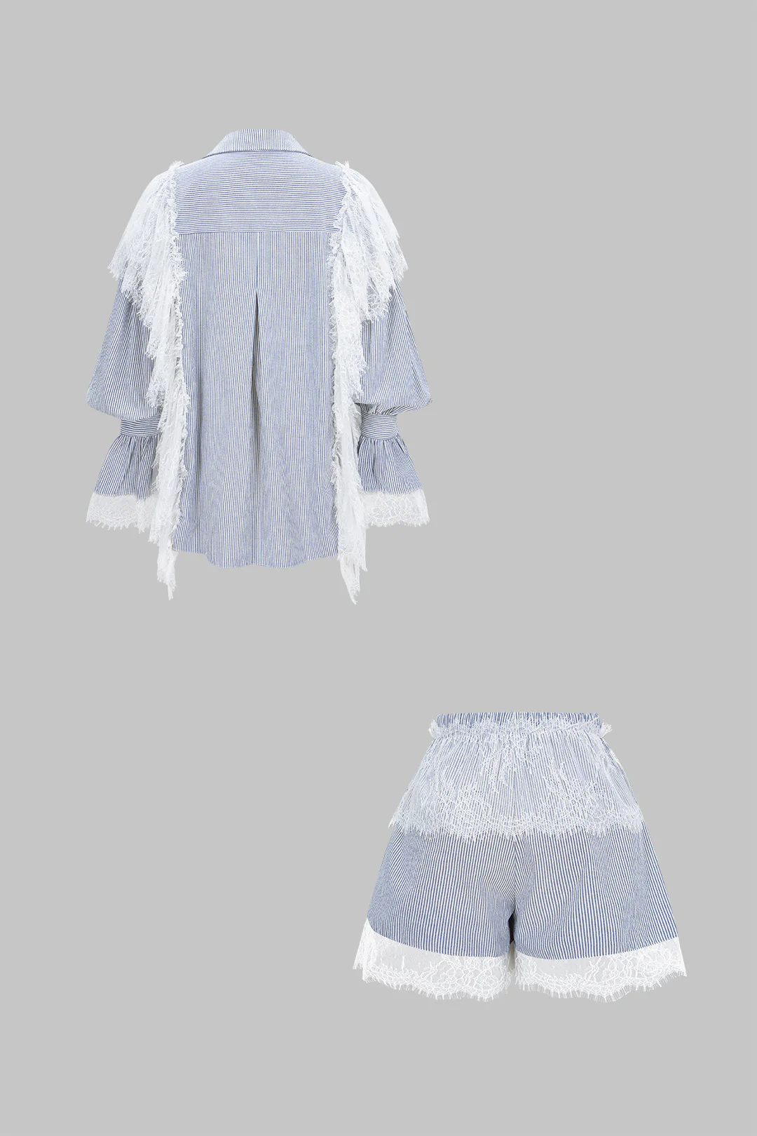 Stripes Print Patchwork Lace Lapel Flared Long Sleeve Shirt And Shirred Waistband Shorts Set - Flockneti