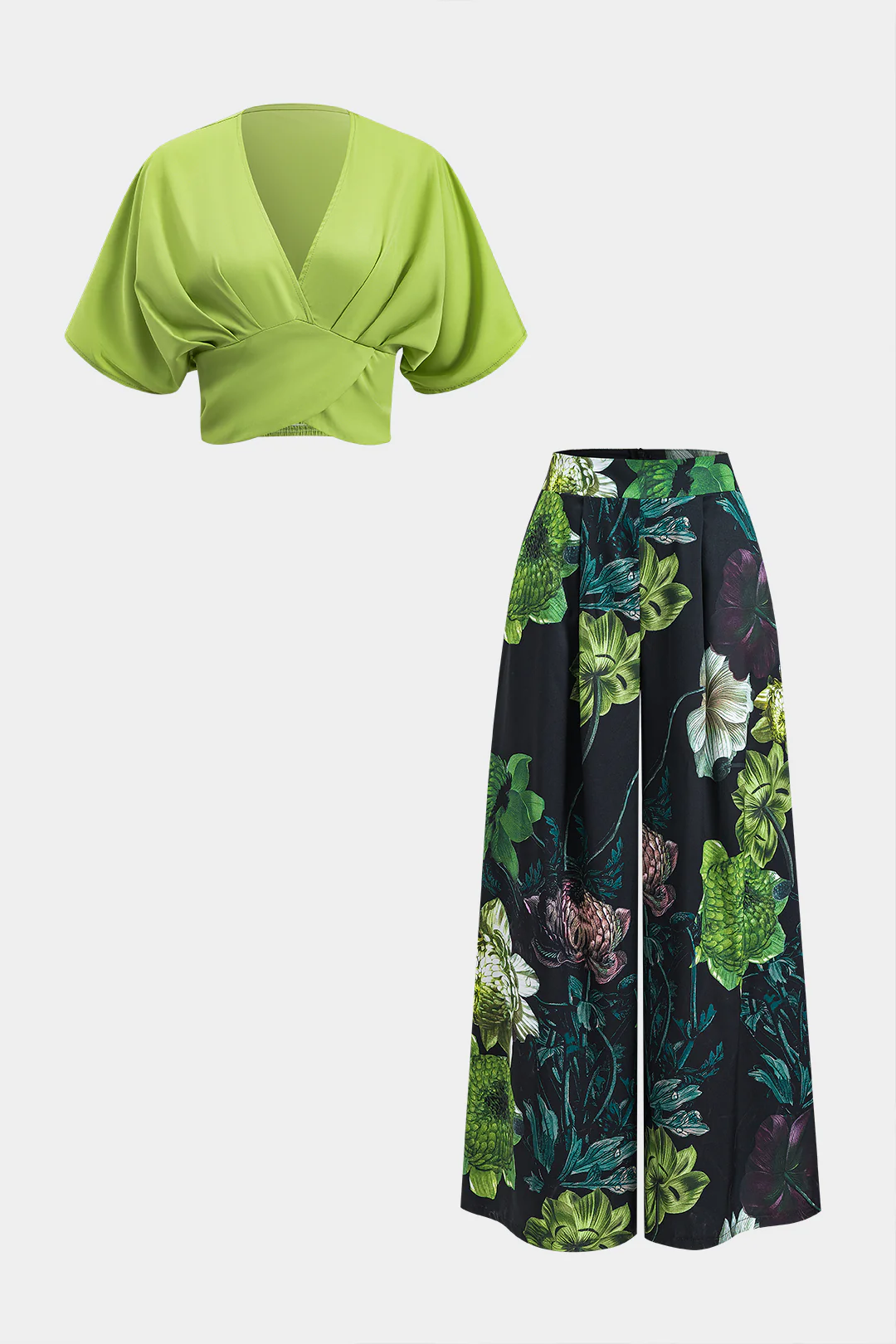 Ruched Short Sleeve Top And Floral Print Zipper Wide Leg Trousers Set - Flockneti