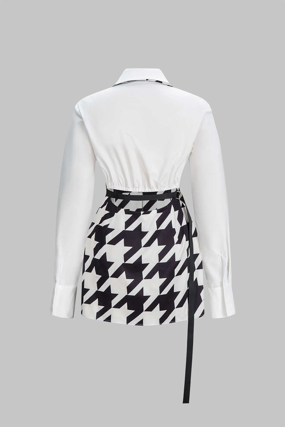 Houndstooth Print Contrast V-Neck Long Sleeve Mini Dress - Flockneti