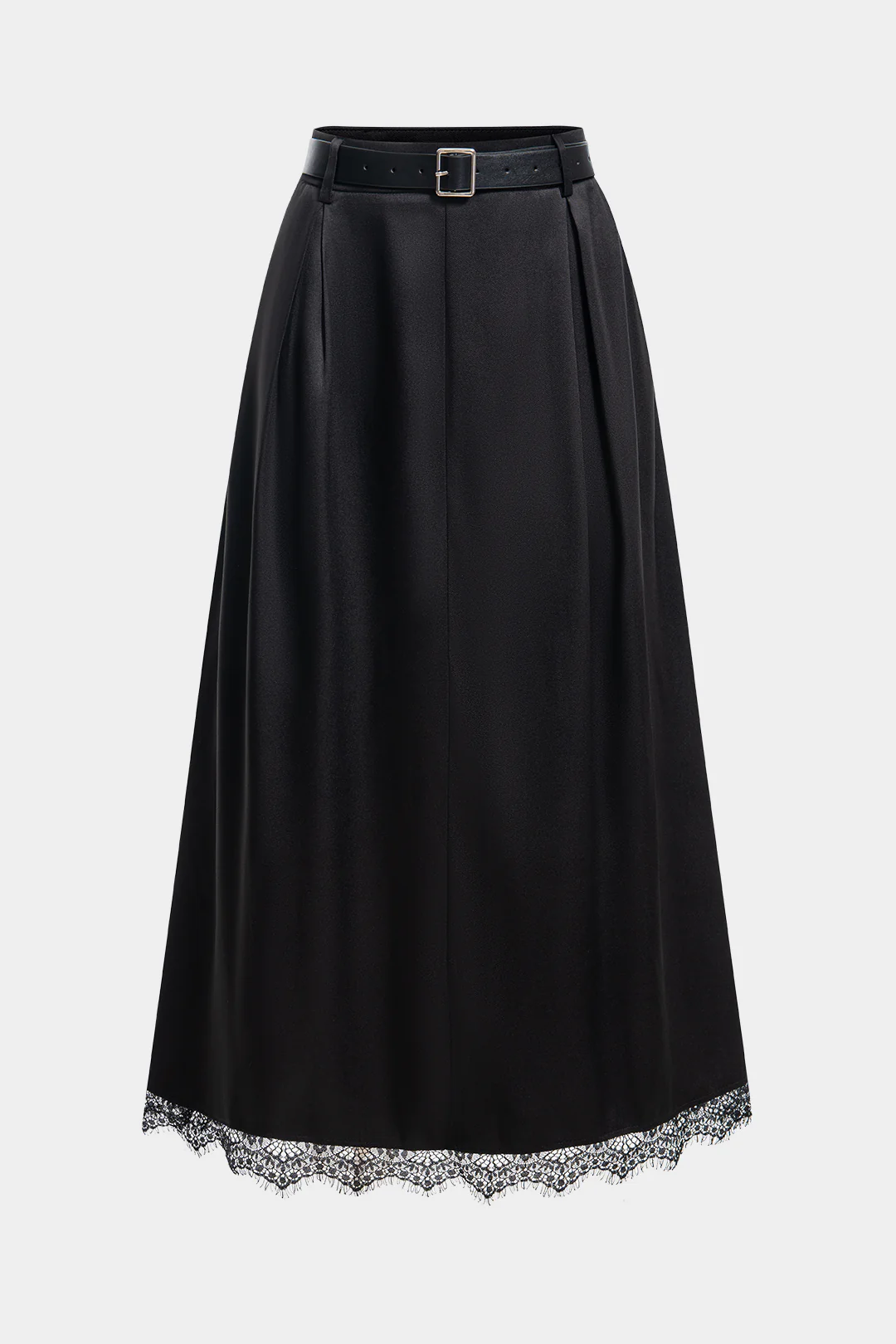 Satin Patchwork Lace Trim Belted High Waist Skirt - Flockneti