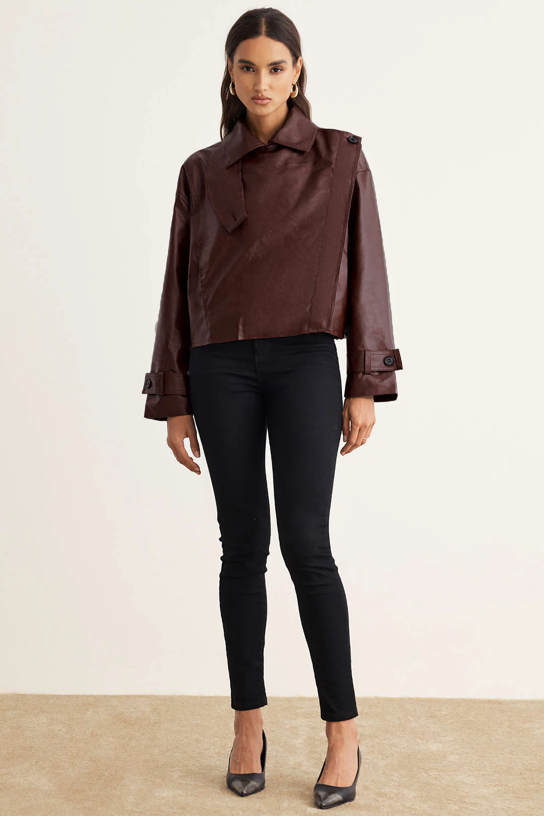 Faux Leather Asymmetrical Cropped Jacket - Flockneti