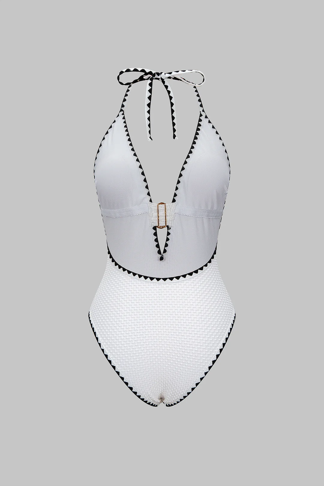 Metallic Decor Halter Neck Tie-Back One-Piece Swimsuit - Flockneti
