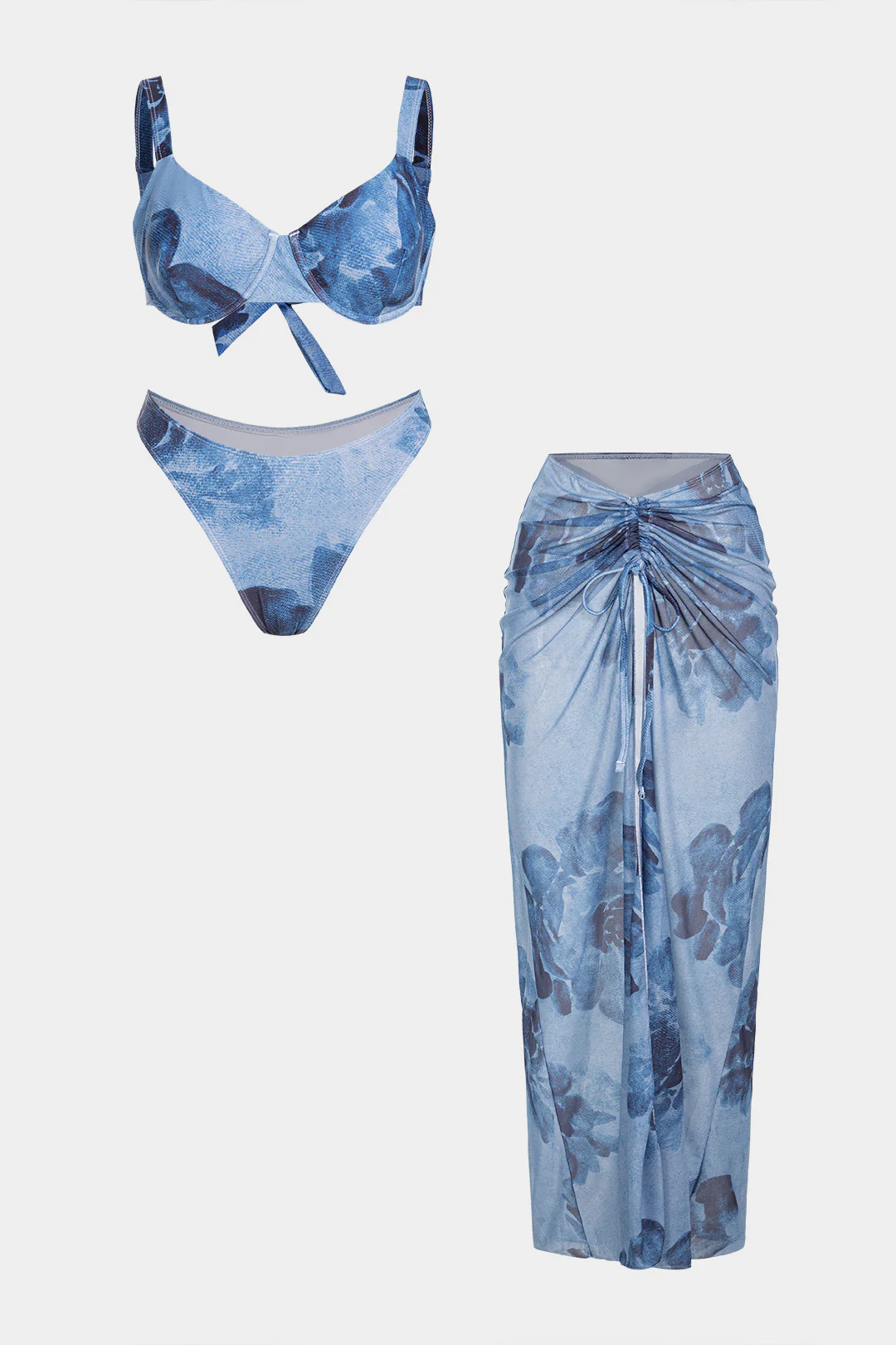 Floral Print Mesh Halter Ruched Bikini Set - Flockneti