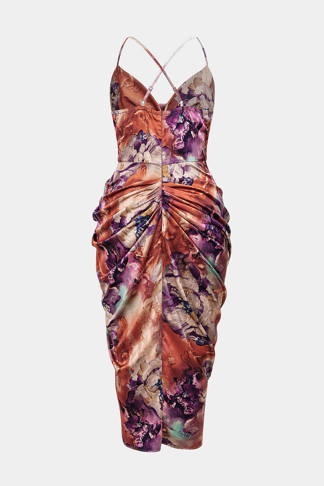 Plus Size Floral Print Satin Draped Cowl Neck Ruched Crossed Sleeveless Midi Dress - Flockneti