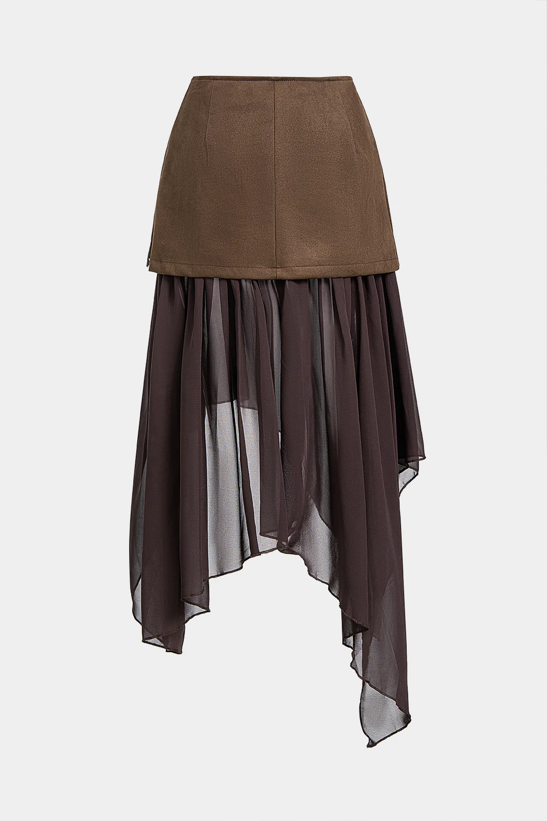 Suede Patchwork Mesh Cut Out Irregular Hem Skirt - Flockneti