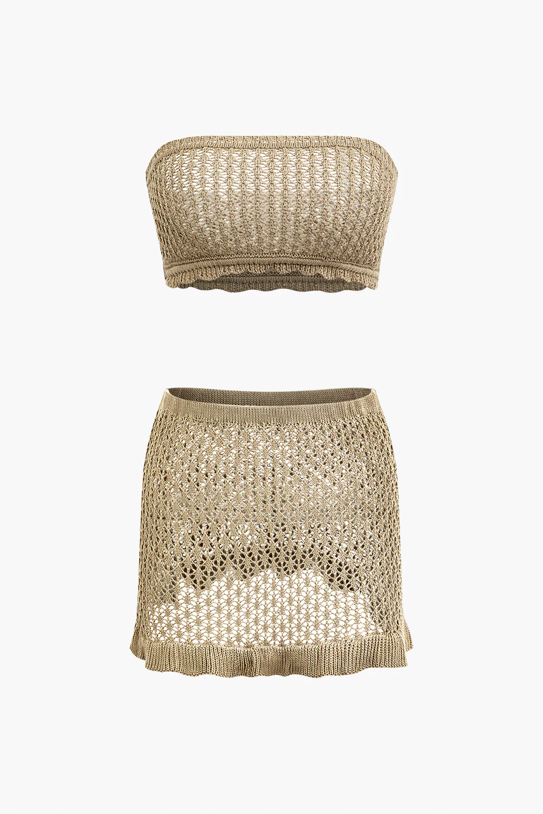 Knit Solid Cut Out Tube Top And Scallop Edge Skirt Set - Flockneti