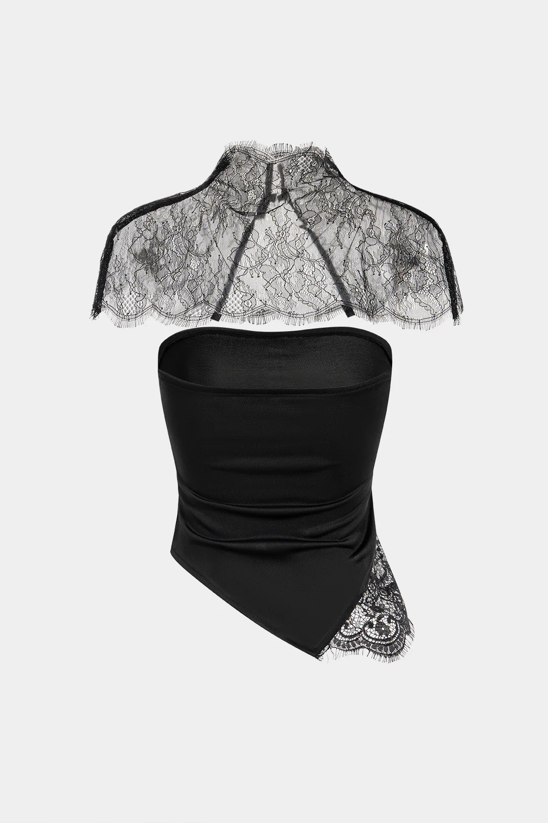 Lace Trim Patchwork Asymmetrical Tube Top With Sheer Shawl - Flockneti