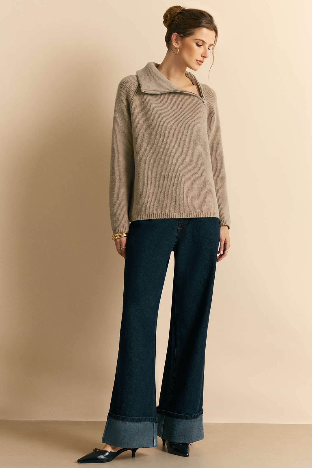 Knit Zipper Turn-Down Collar Long-Sleeve Top - Flockneti