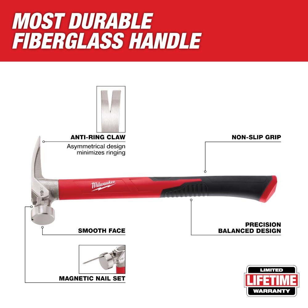 Milwaukee 19 oz Smooth Face Poly/Fiberglass Handle Hammer - Flockneti