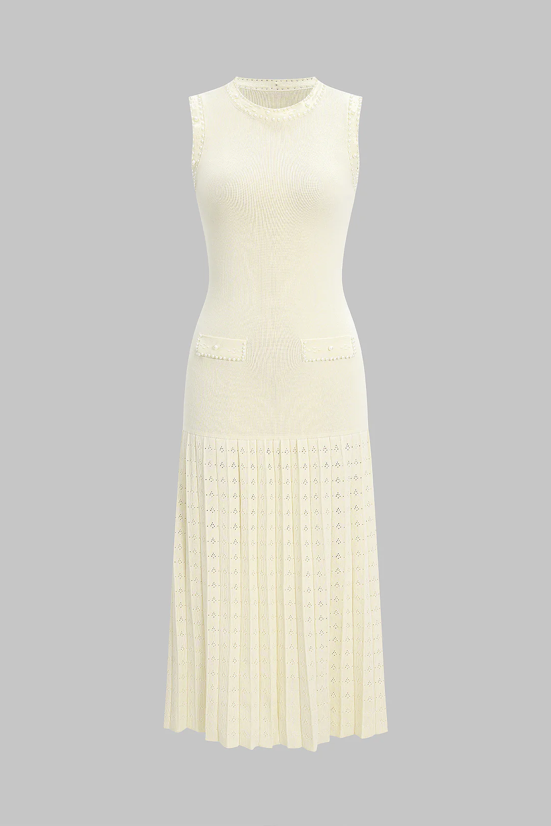 Knit Round Neck Hollow Out Pearls Decor Sleeveless Dress - Flockneti