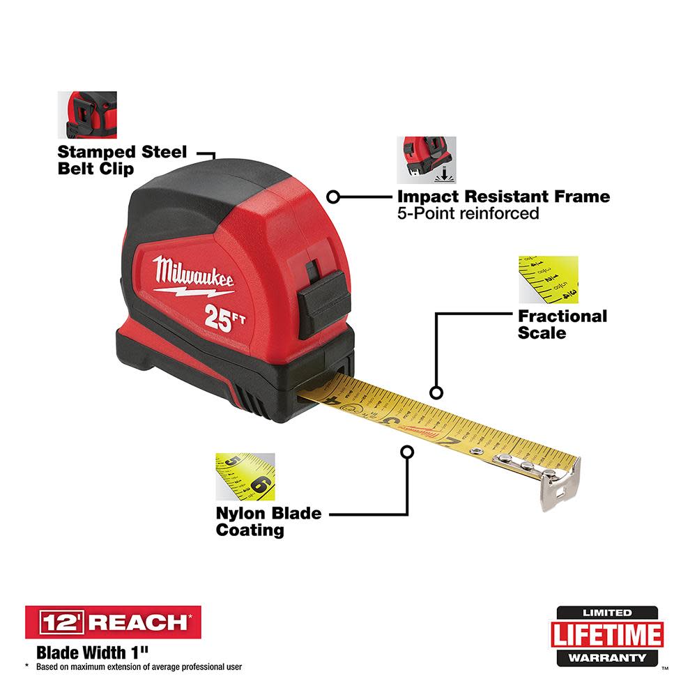 Milwaukee 25 ft. Compact Tape Measure - Flockneti