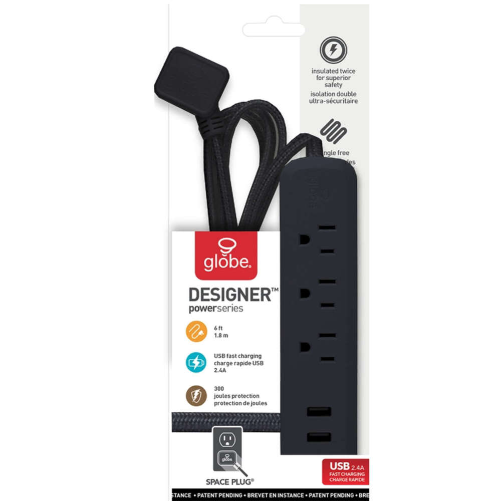 Globe Electric Power Strip 6′ 300J Black 3 Outlet - Flockneti