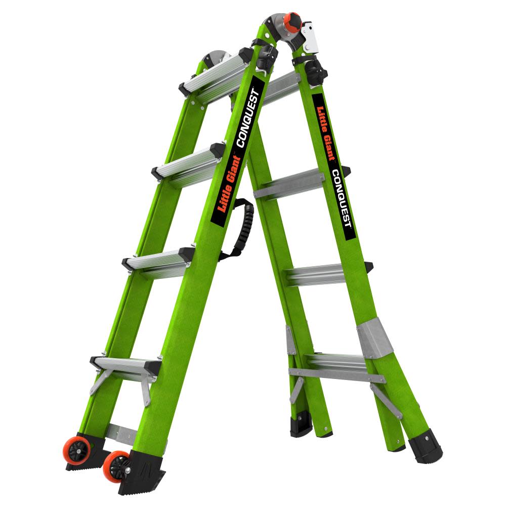 Little Giant Safety Conquest 2.0 Model 17 – ANSI Type 1A – 300 lb Rated – Fiberglass Articulated Extendable Ladder with Accessory Ports Carry Handle V-Bar and Tip & Glide Wheels - Flockneti