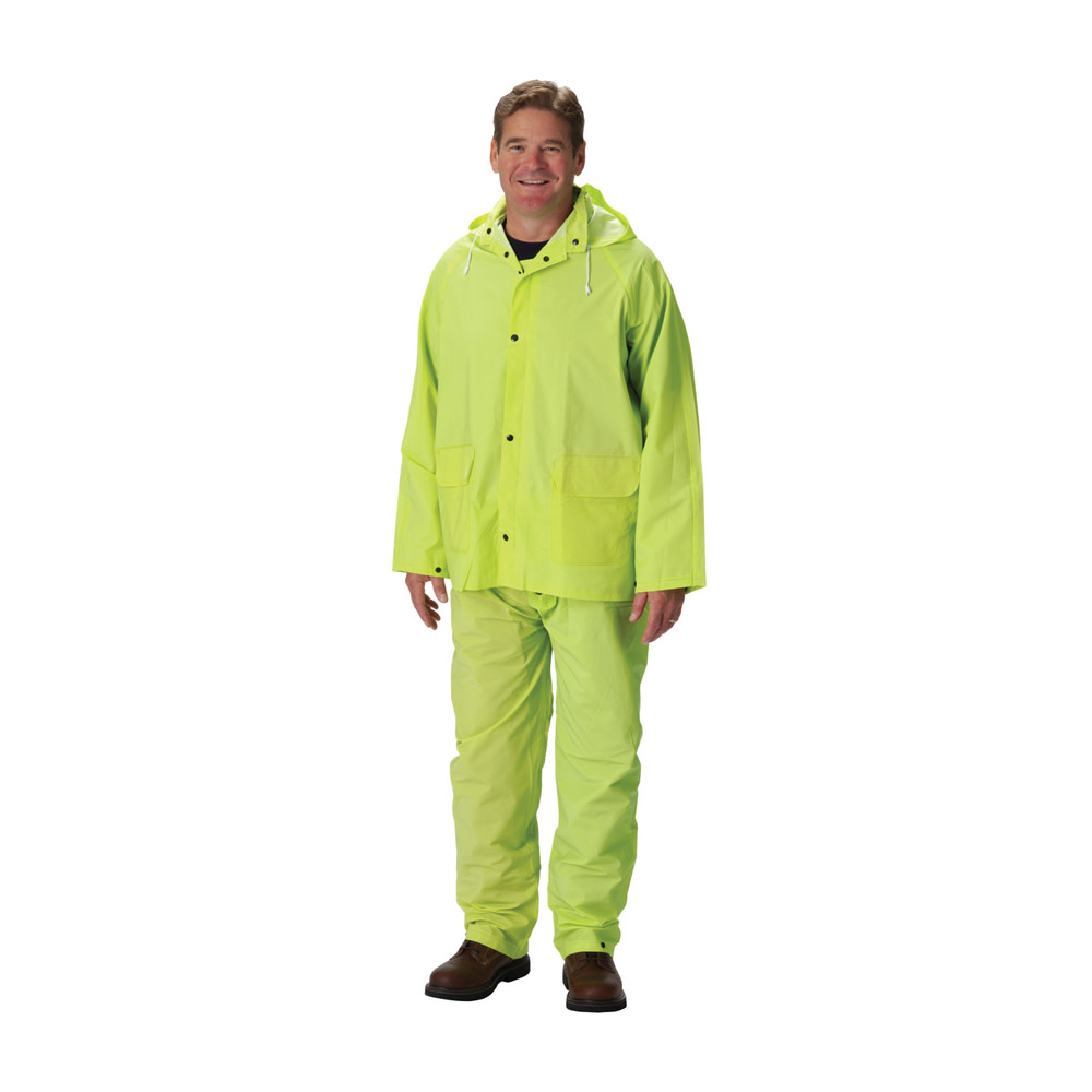 Rainsuit 3pc. .35mm PVC/Polyester, Hood, Corduroy Collar, Hi Vis LY, S - Flockneti